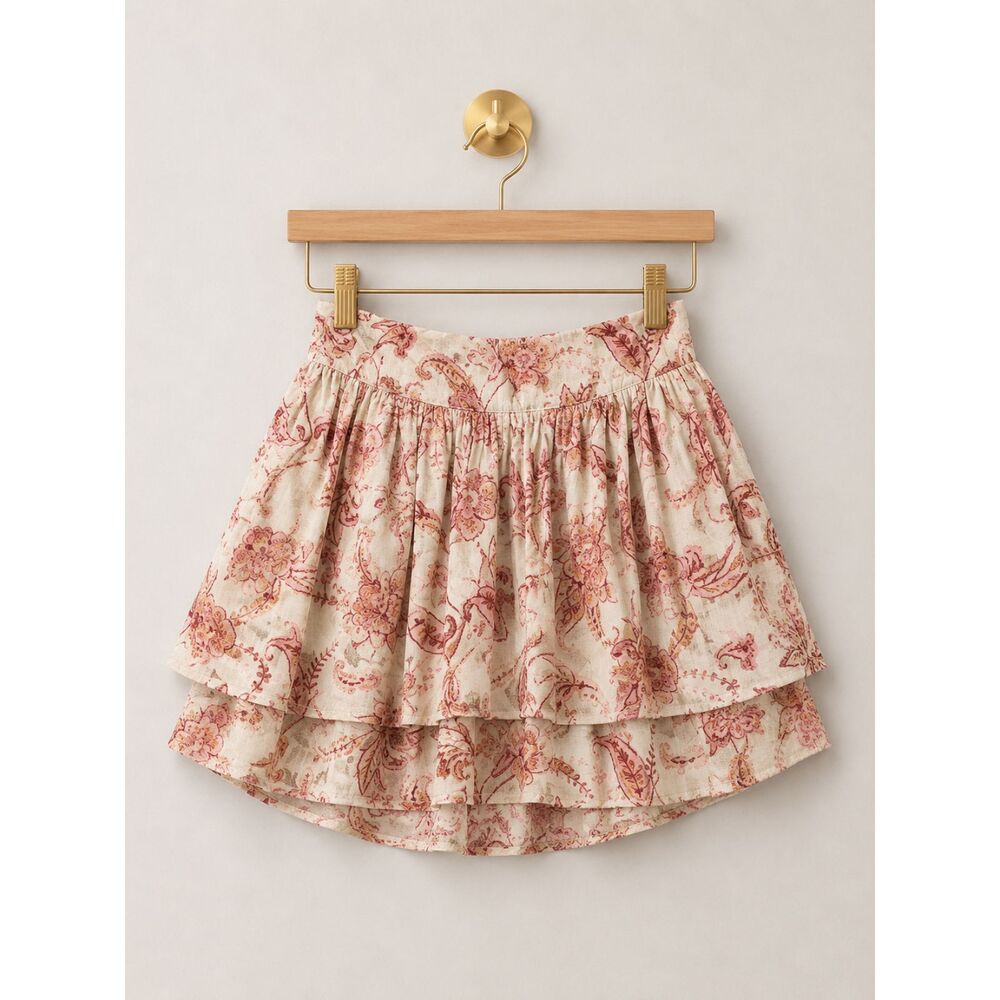 Express Women's SZ 8 Linen Blend Skirt Pink Ivory Floral Lined Tiered Ruffle